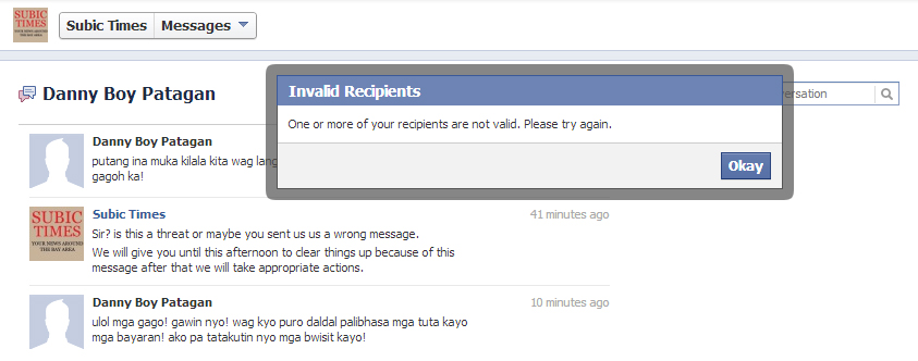 Threatening message to Subic Times