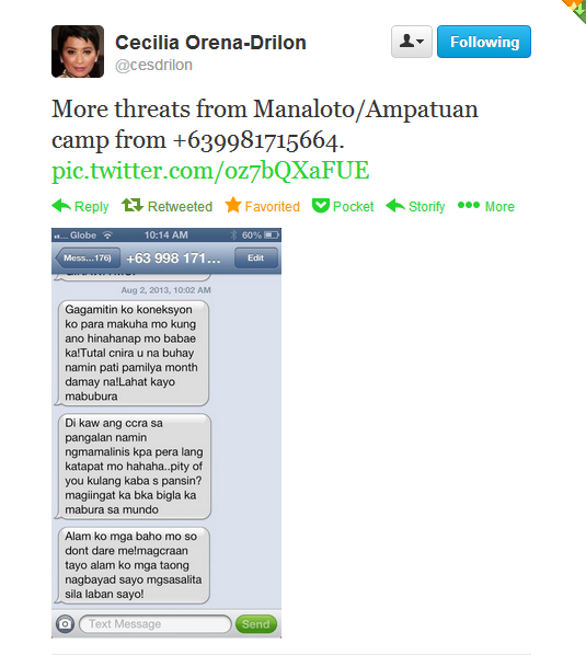 Ces Drilon tweets screen grabs of threats via SMS