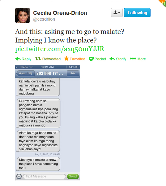 Ces Drilon tweets screen grab of threat via SMS