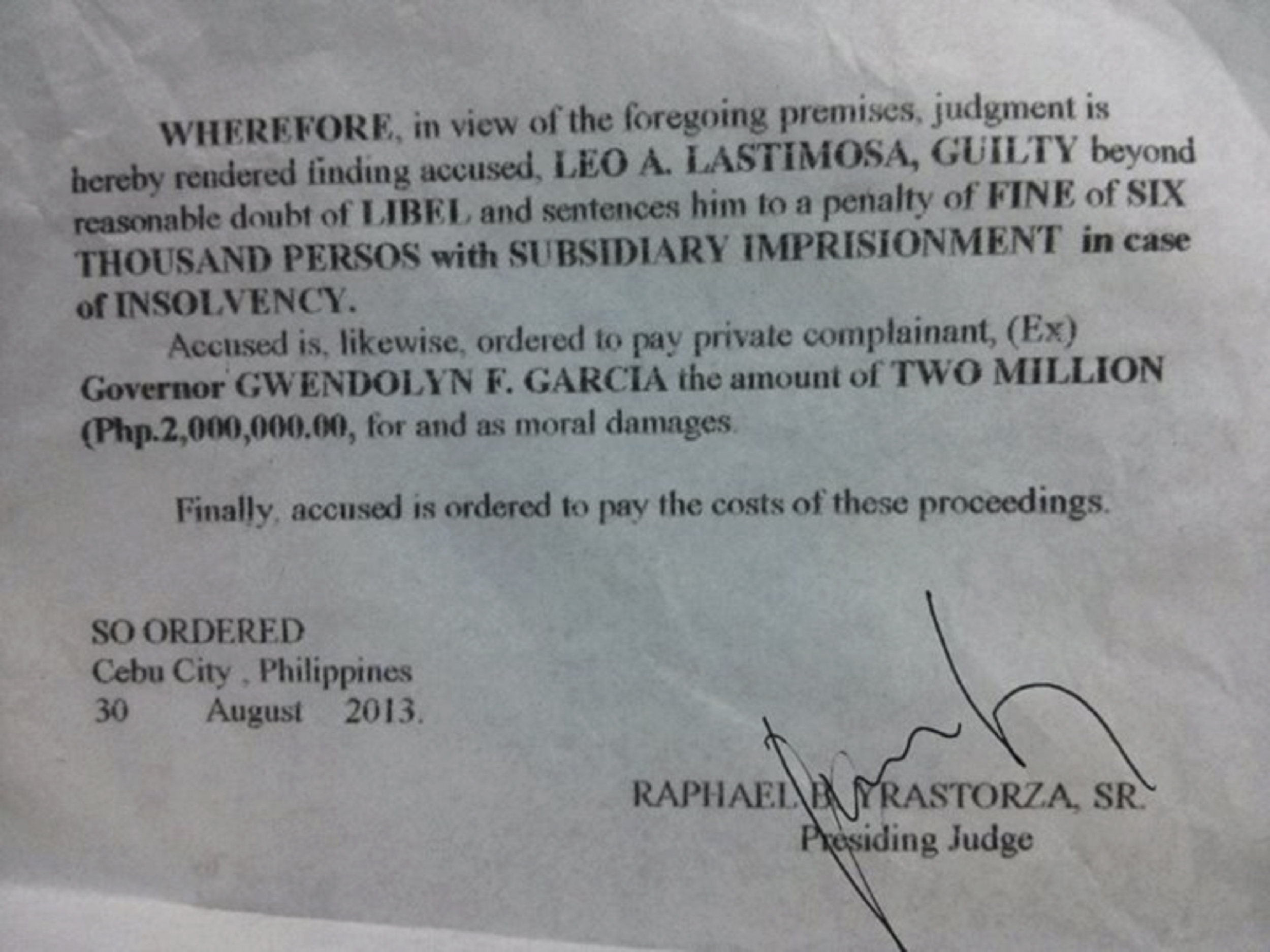 The court decision posted on Leo Lastimosa’s Facebook timeline (https://www.facebook.com/photo.php?fbid=10151878578158023)