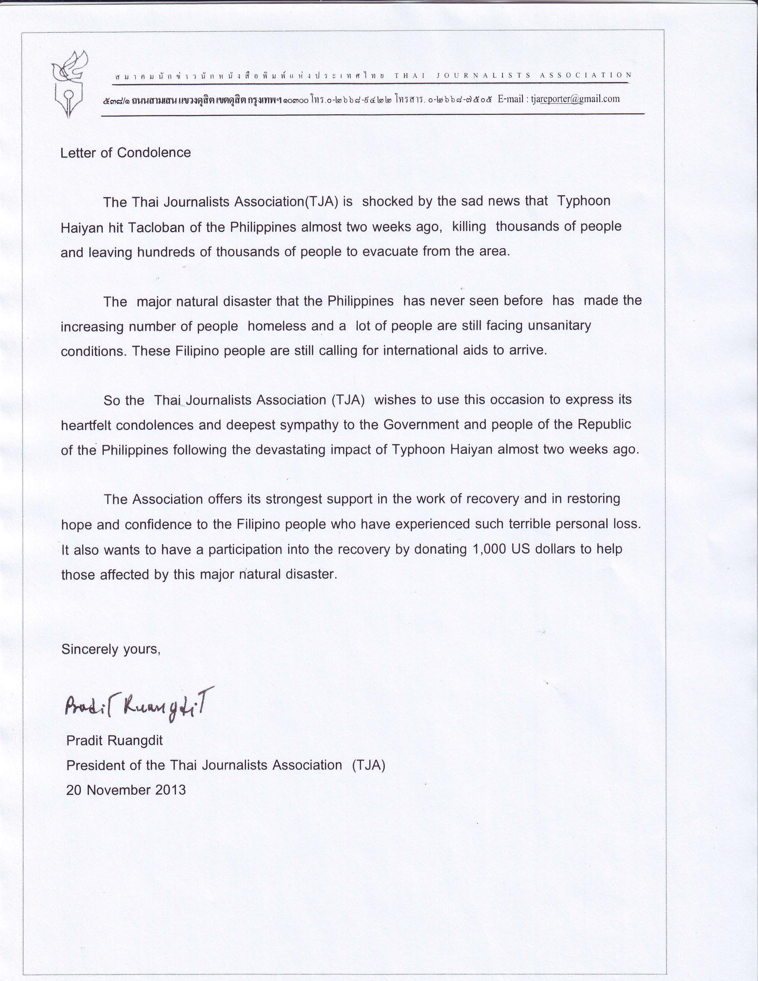TJA Letter of Condolence