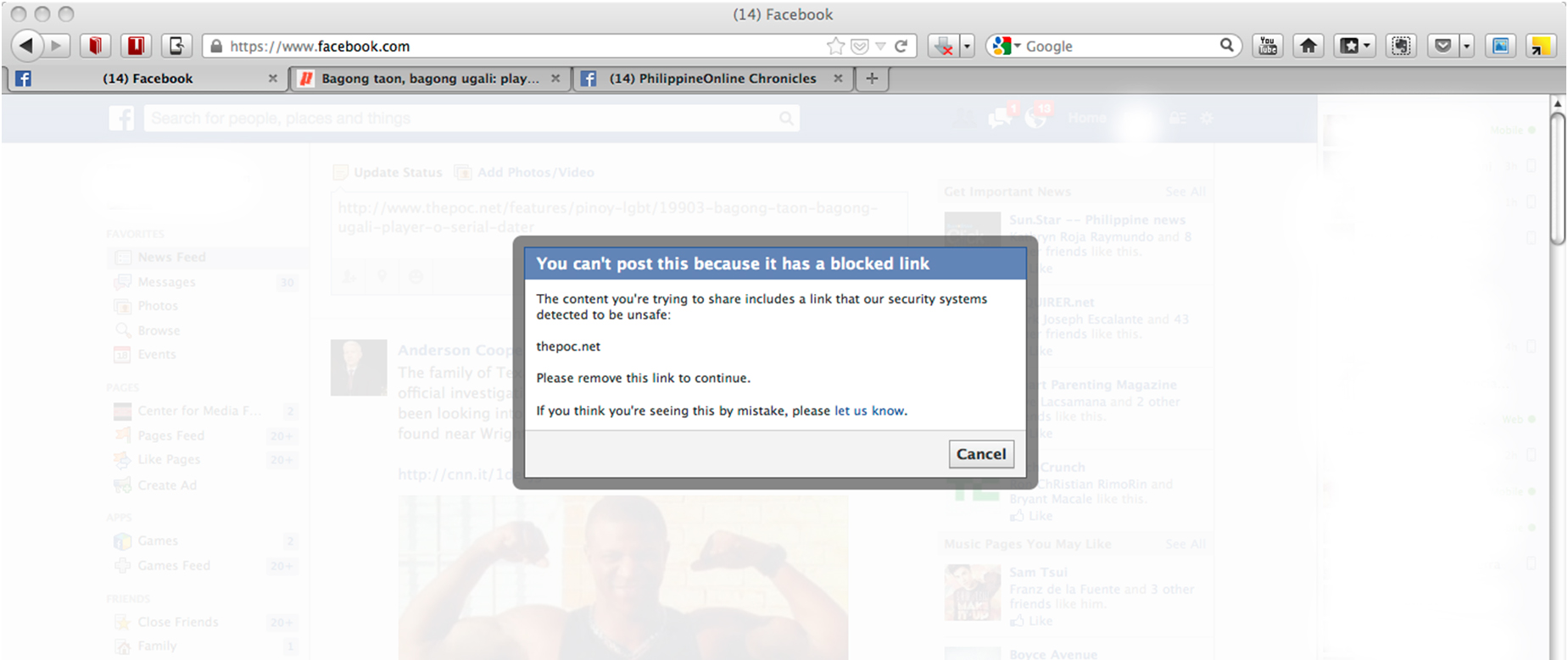 Facebook blocking links from thepoc.net – 18 January 2014, 12:45 a.m.